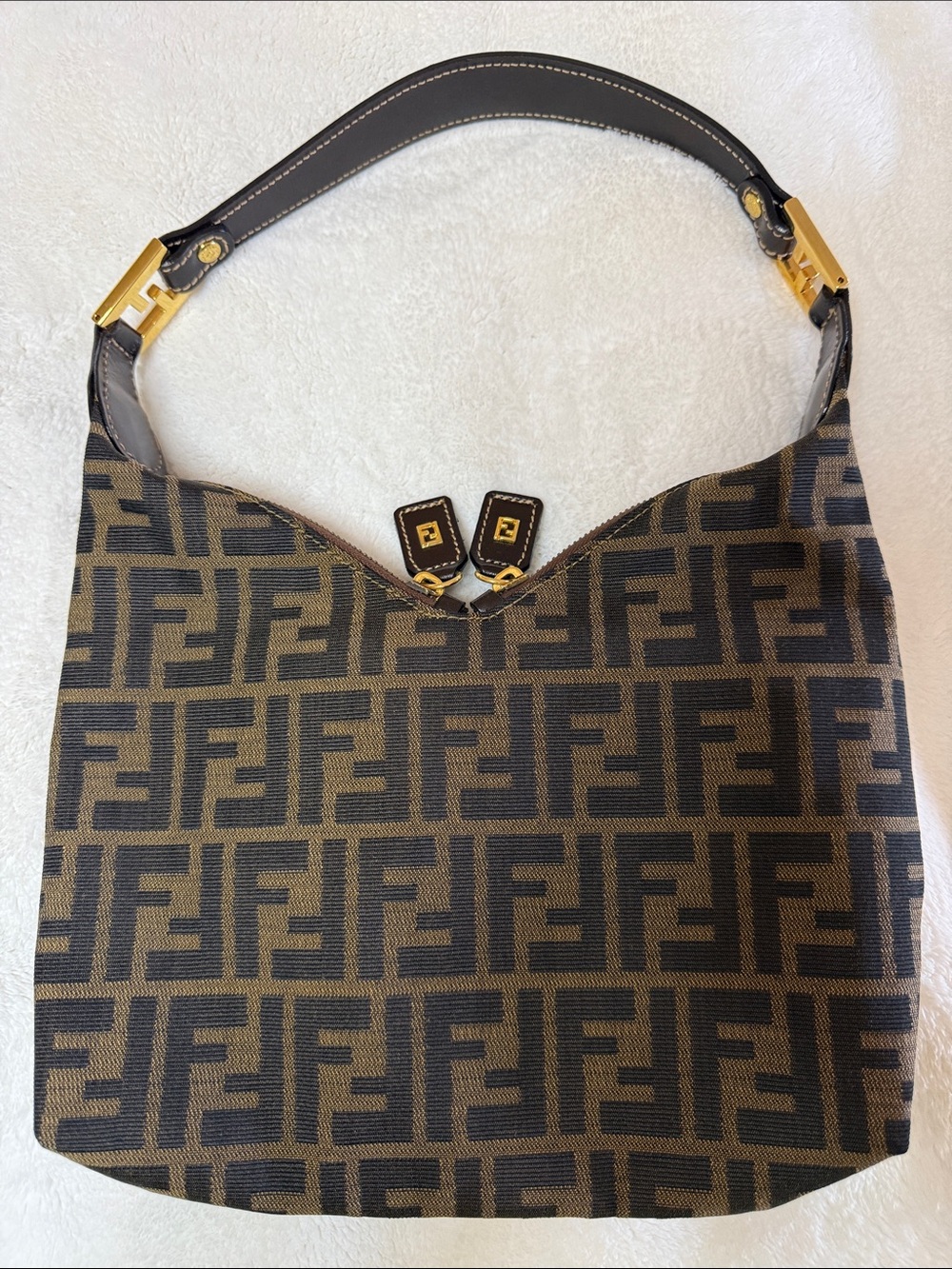 Fendi Brown and Black Zucca Canvas Shoulder Bag with Gold Hardware - Picture 2 of 12
